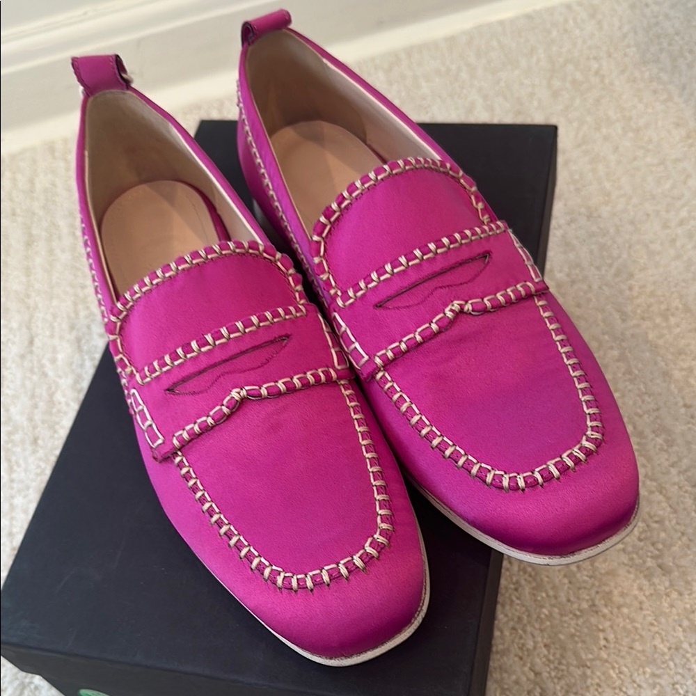 Pink Loafers with White Stitching